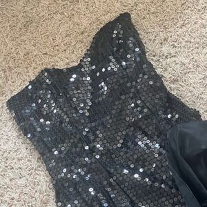Vintage Nadine Black Sequin Strapless Gown 80s Ruffle Bustle Formal Dress Size 5